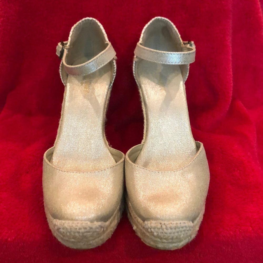 Soft Gold Metallic Closed Toe Espadrille Wedges, 7